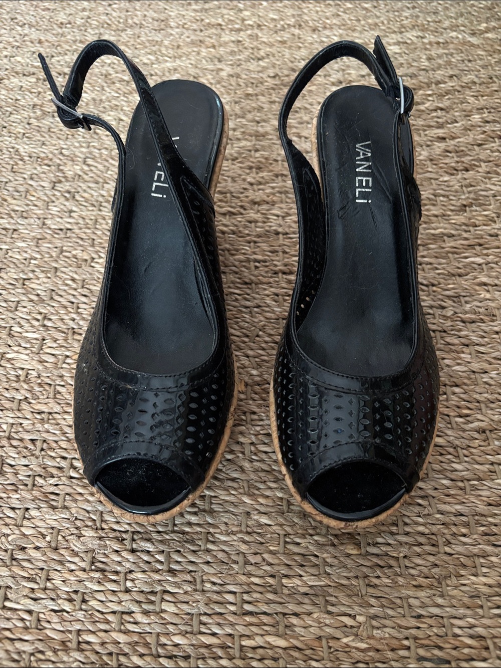 Vaneli Black Peep-Toe Slingback Wedges